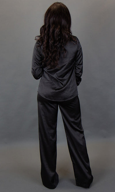 Isla Satin Button Up Blouse - Black