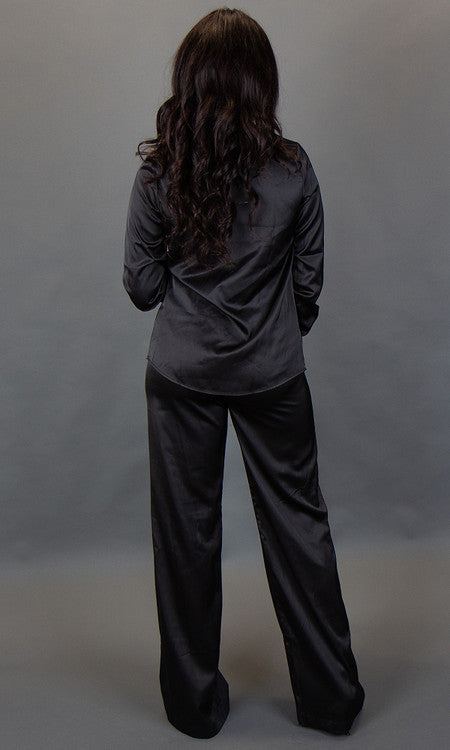 Isla Satin Button Up Blouse - Black