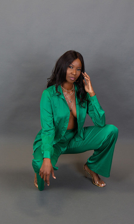 green satin dress pants Green Satin One Shoulder Top Pants Set – IRHAZ main image 0