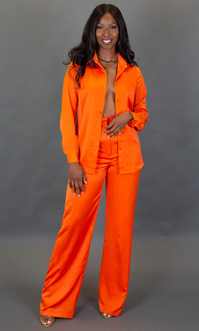 Isla Satin Button Up Blouse - Orange