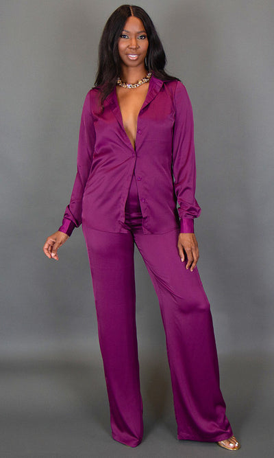 Isla Satin Button Up Blouse - Plum