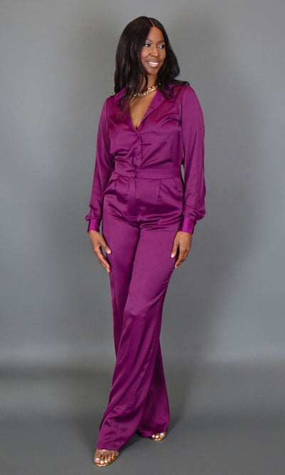 Isla Satin Button Up Blouse - Plum