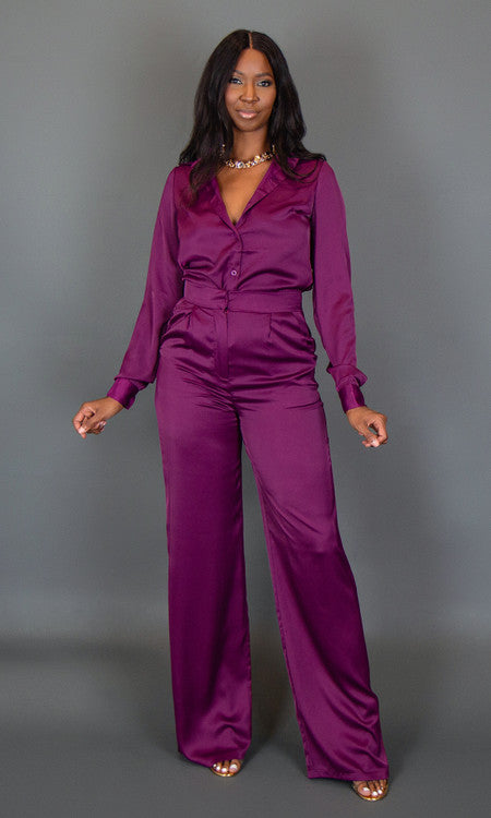 Isla Satin Button Up Blouse - Plum