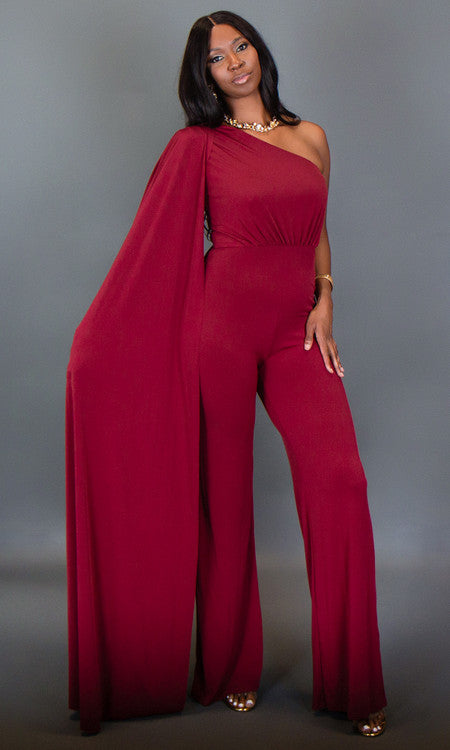 Tall Women's Maroon Cape Sleeve Jumpsuit | Prissy Duck – Tall Size