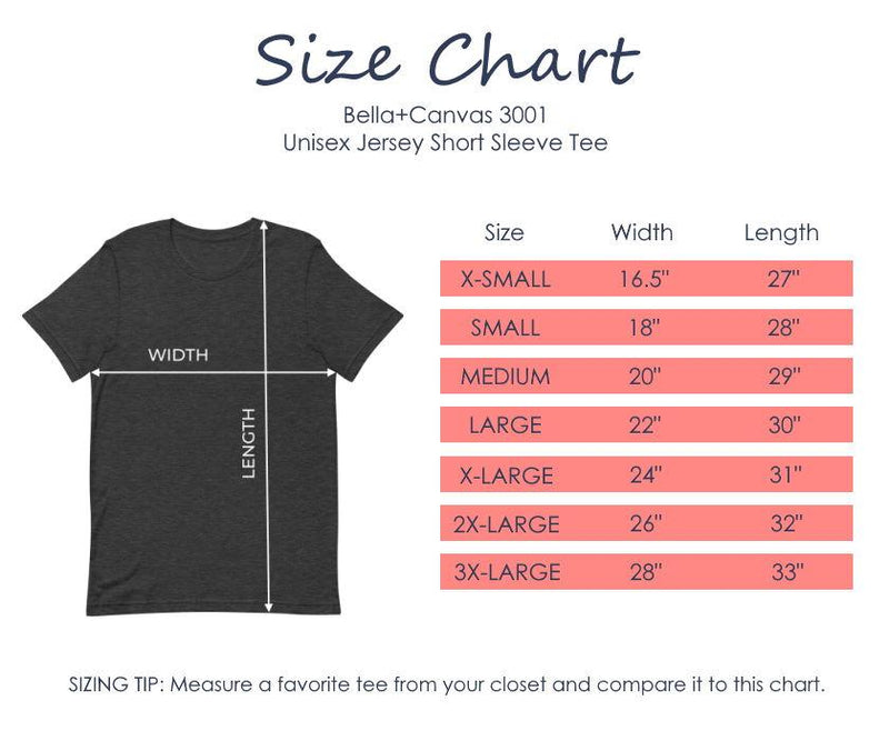 Tall Reali-tees size chart for unisex jersey short sleeve t-shirt.