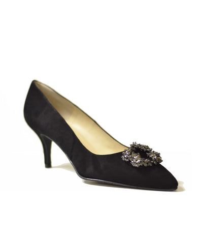 Elegant Black Suede Court Shoes with Brooch Embellishment