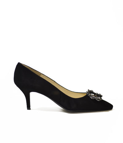 Elegant Black Suede Court Shoes with Brooch Embellishment