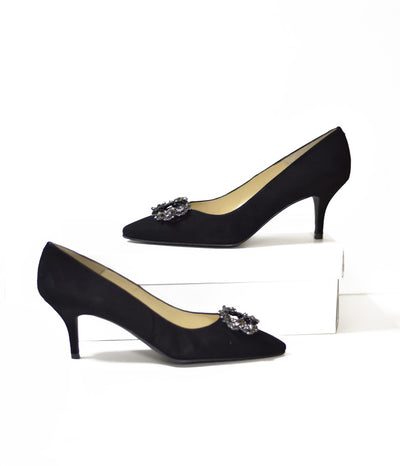 Elegant Black Suede Court Shoes with Brooch Embellishment