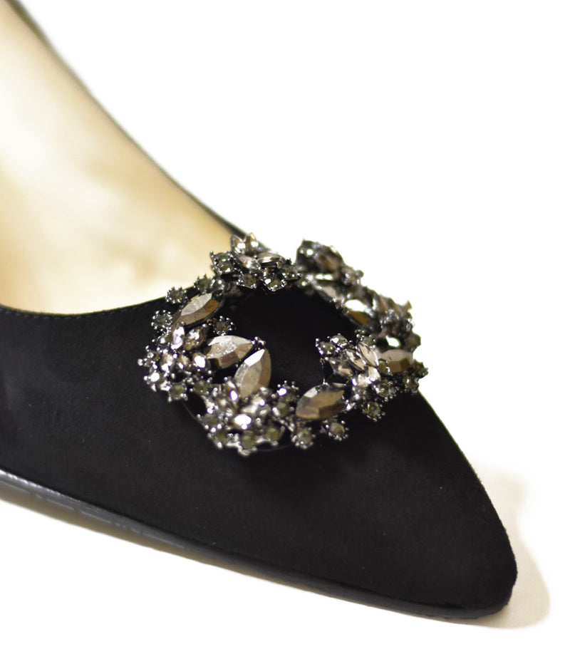 Elegant Black Suede Court Shoes with Brooch Embellishment