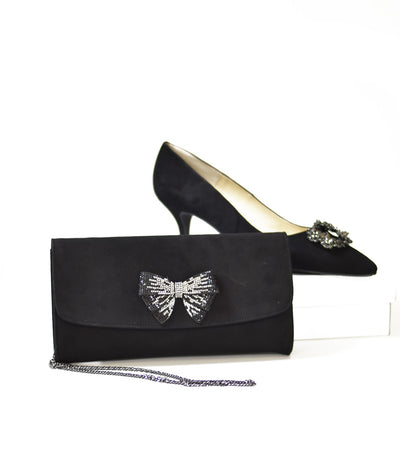 Elegant Black Suede Court Shoes with Brooch Embellishment