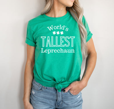 Female model wearing a World's Tallest Leprechaun t-shirt from Tall Reali-tees.